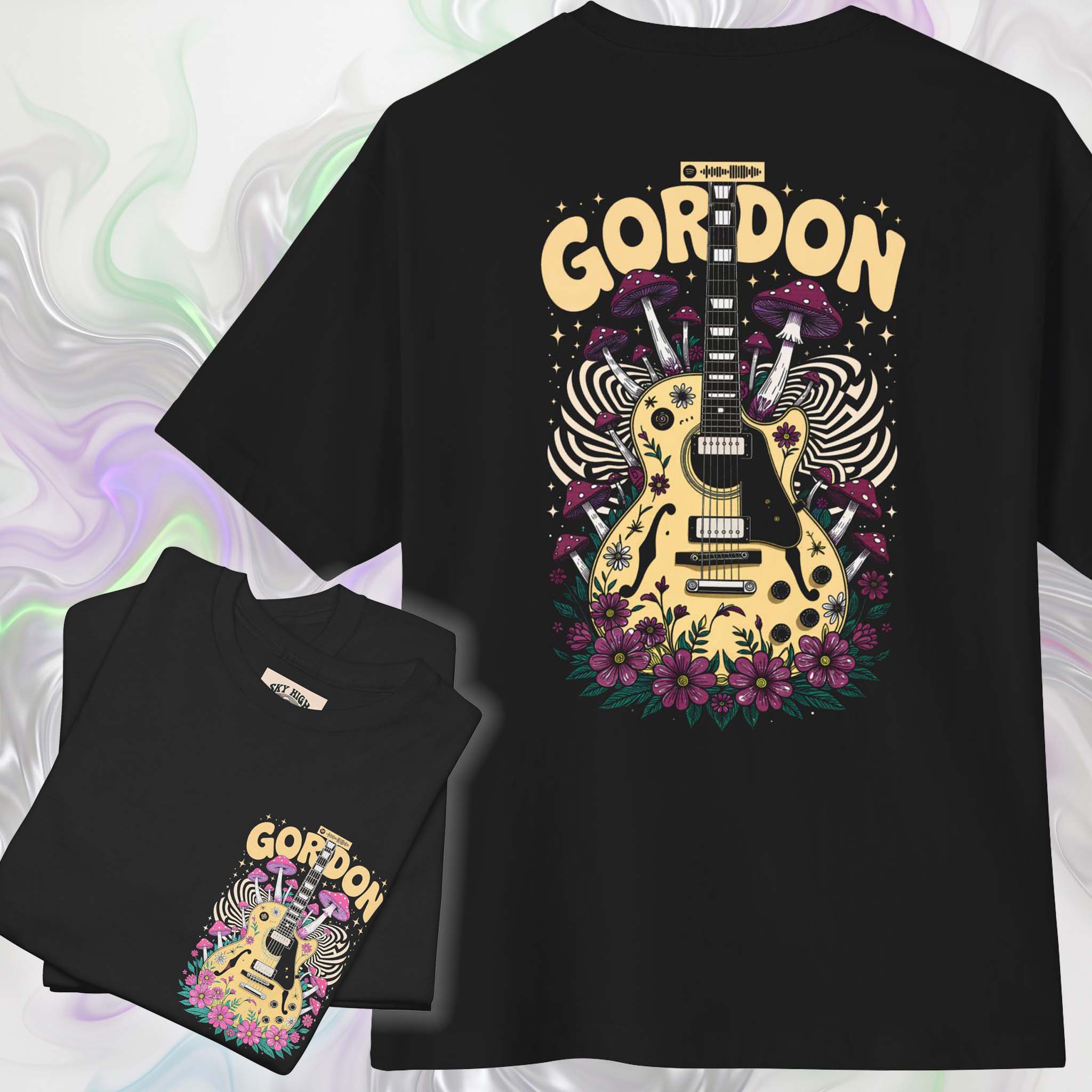 חולצת GORDON שחורה עם גיטרה צהובה, פטריות ופרחים